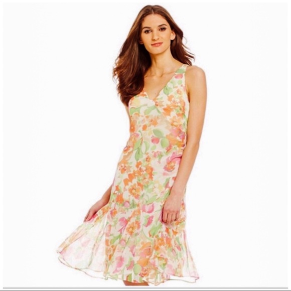 LAUREN RALPH LAUREN Dress Midi Chiffon Sleeveless Pink Floral Size 10 - Picture 1 of 4